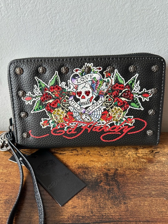 Ed Hardy Handbags - Ed Hardy Black Skull & Roses Studded Dual Compartment Wallet Wristlet NWT